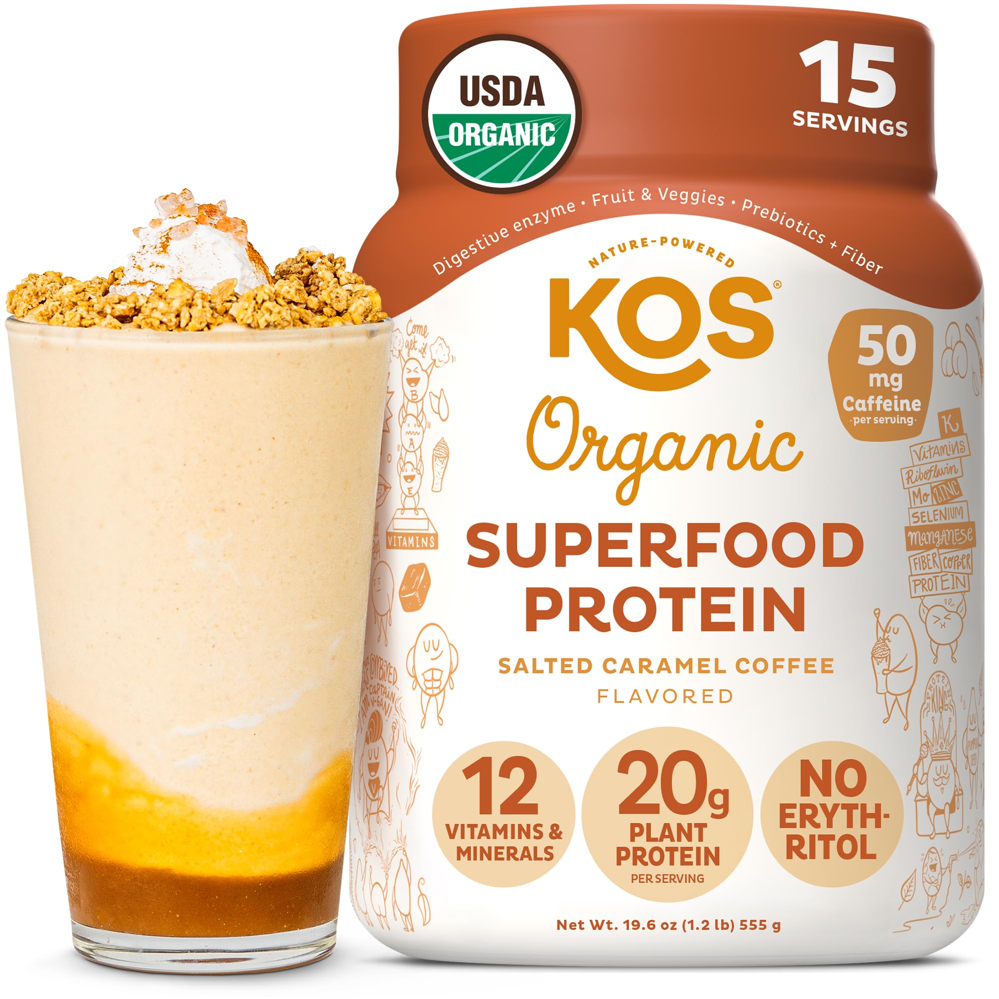 KOS vegan protein powder salted caramel coffee tub, high‑protein plant blend for workouts