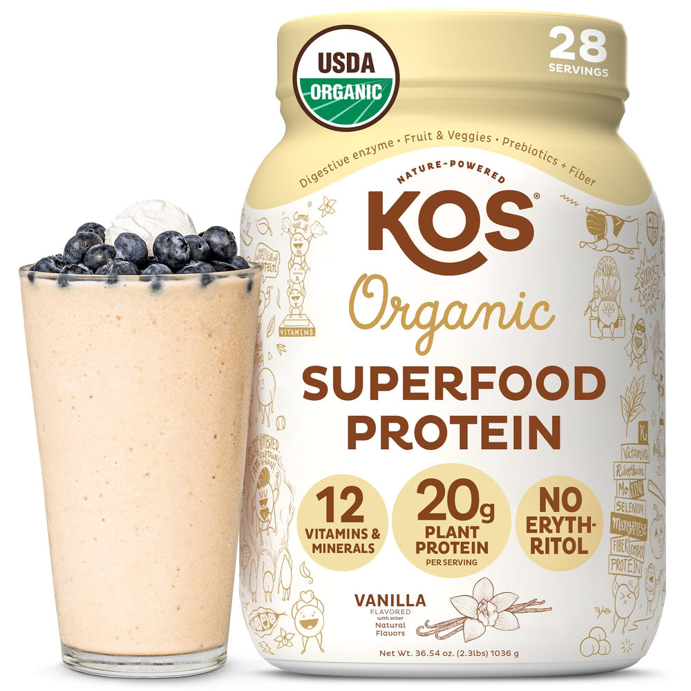 KOS vegan protein powder vanilla bottle highlights organic flavor and clean ingredients.
