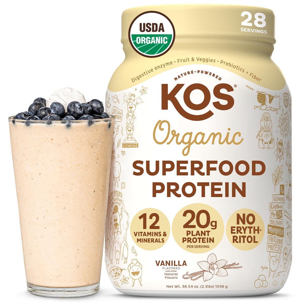 KOS vegan protein powder vanilla bottle highlights organic flavor and clean ingredients.