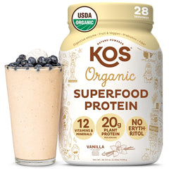 KOS vegan protein powder vanilla bottle highlights organic flavor and clean ingredients.