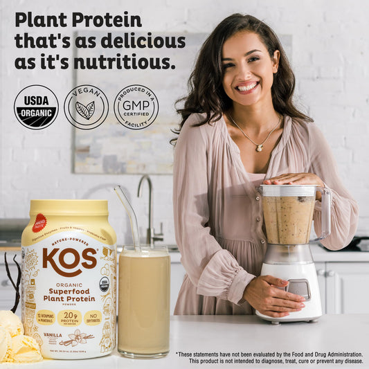 KOS vegan protein powder vanilla scoop shows 20g per serving.
