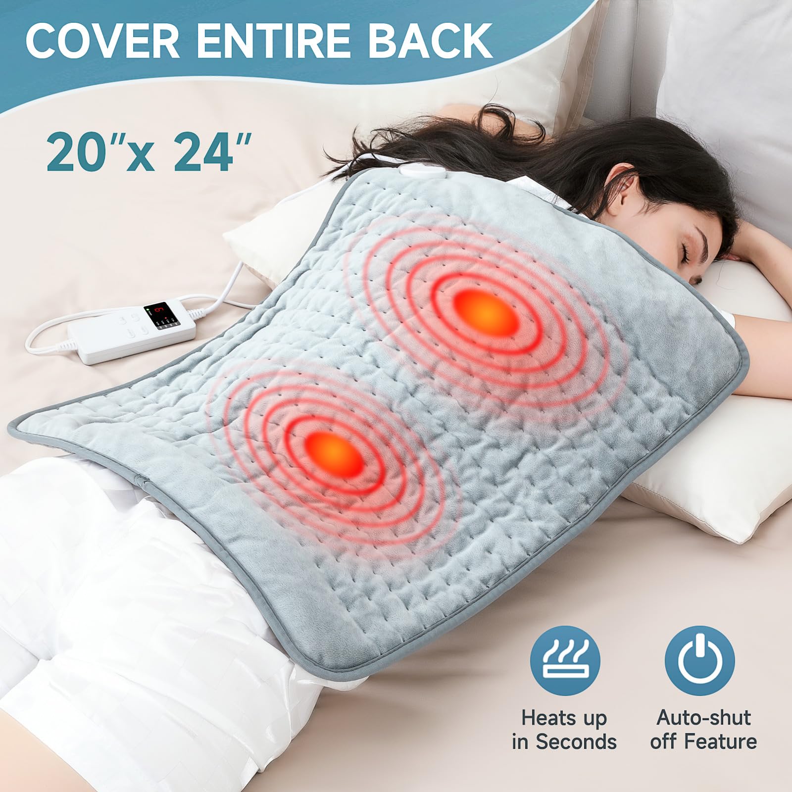 KOT large heating pad around neck and shoulders with plush fabric.