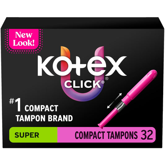 Kotex Click compact tampons packaging shown for on-the-go portability