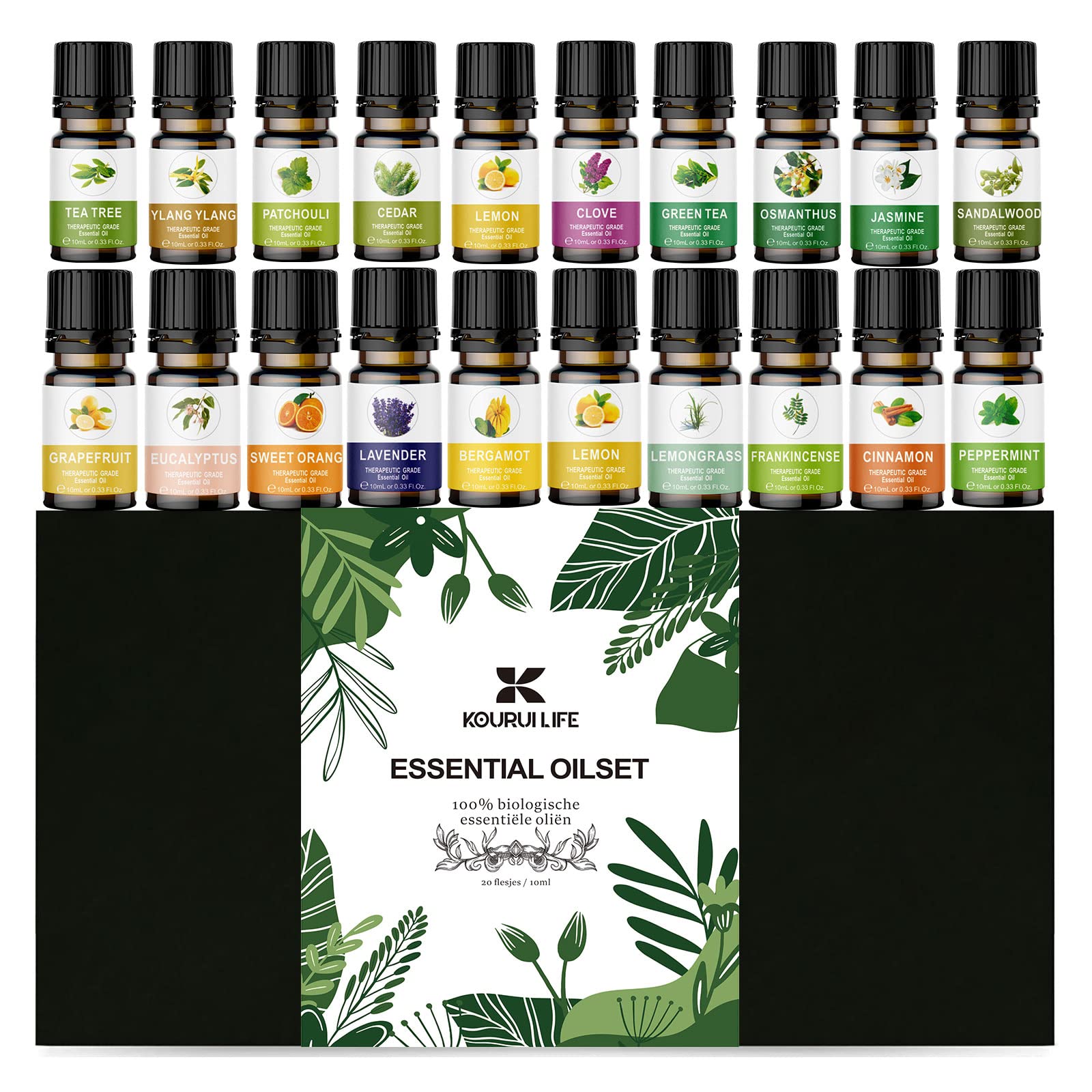 KOURUILIFE essential oil set shown with diffuser-ready bottles for Lavender fragrance
