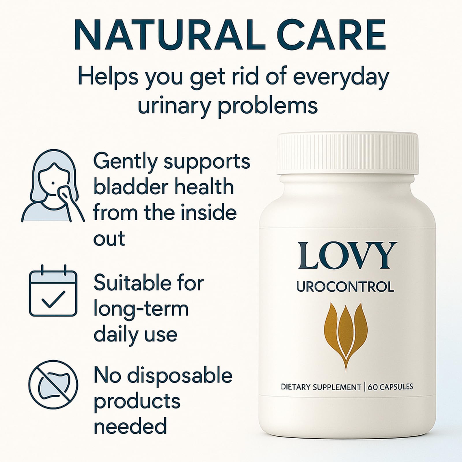 Lifestyle shot shows a person taking a Lovy Urocontrol capsule after breakfast.