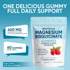 KOVGOCY SPNutrition Gummies bottle-back label highlights 400 mg magnesium bisglycinate chelate.