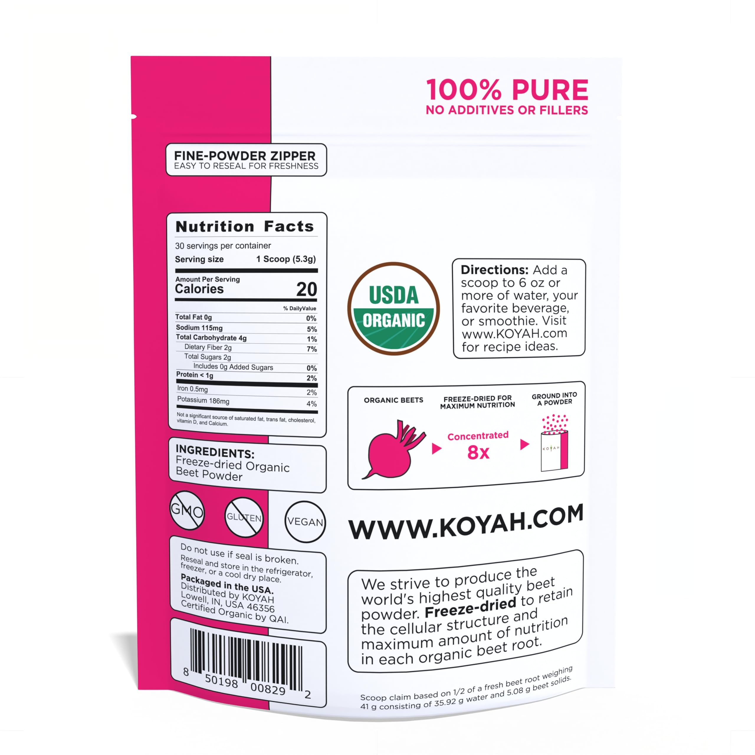 KOYAH beet powder scoop helps precise portions for easy mixing.