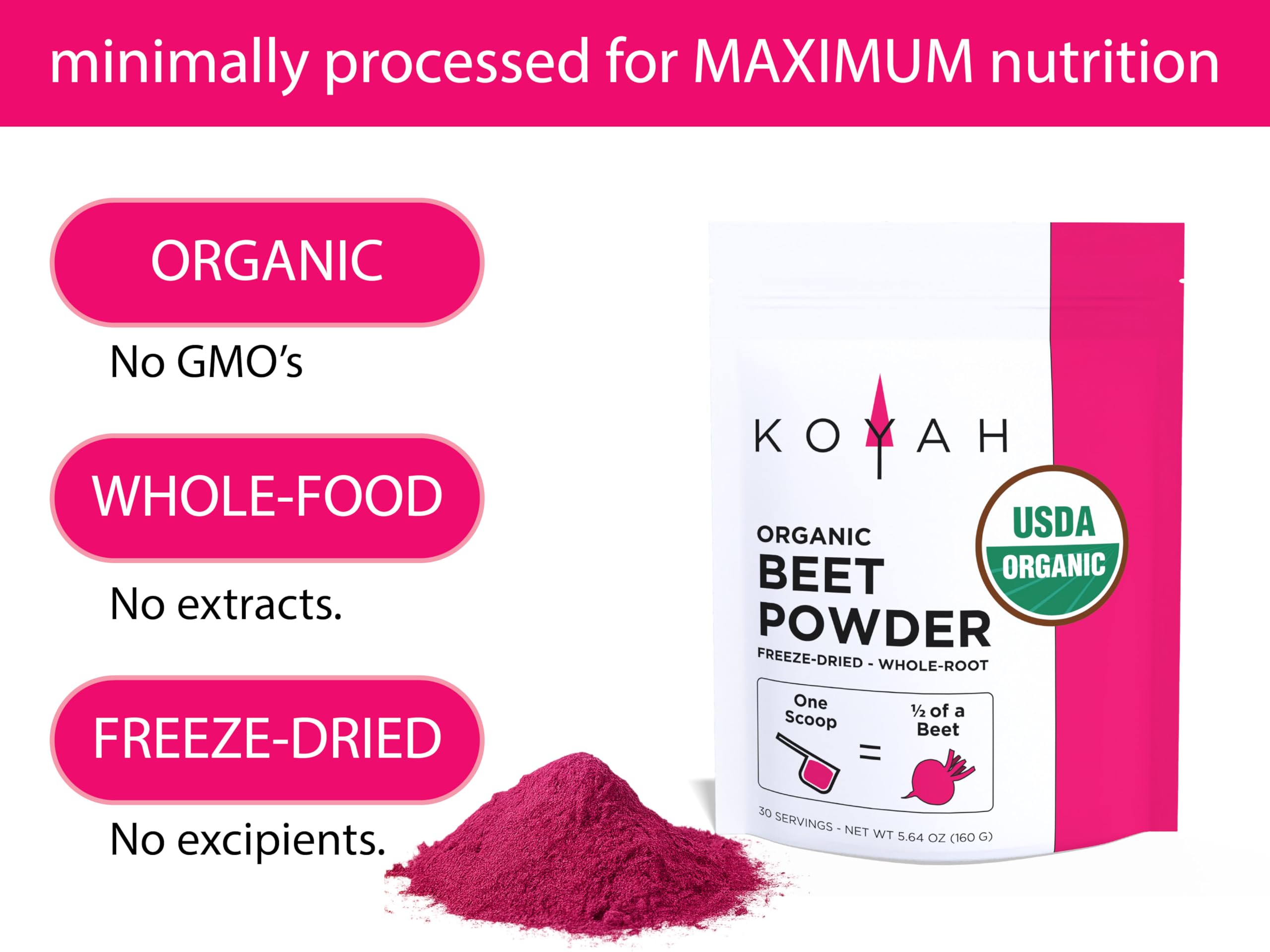 KOYAH freeze-dried beetroot powder preserves nutrients for quick addition.