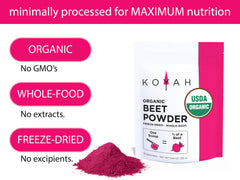KOYAH freeze-dried beetroot powder preserves nutrients for quick addition.