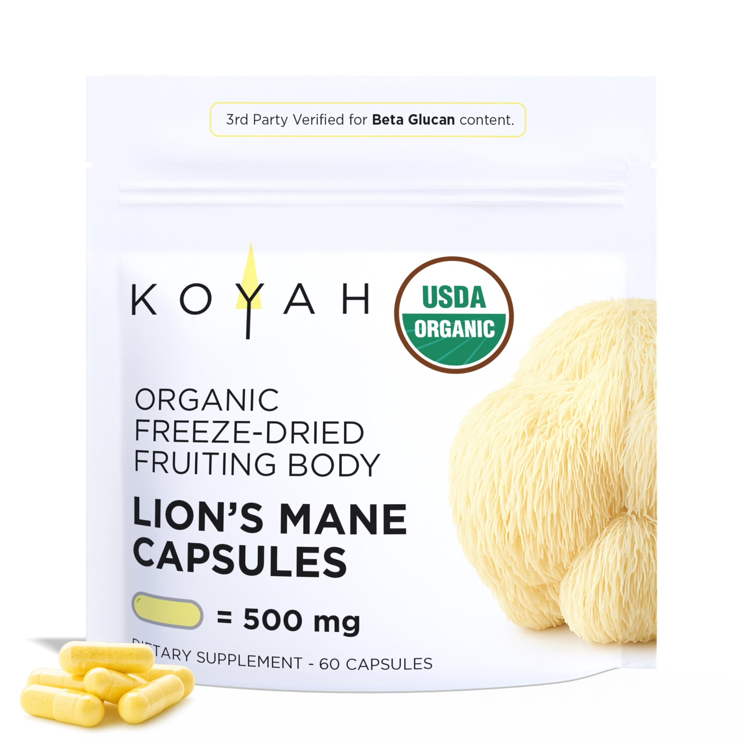 KOYAH Lions Mane capsules bottle with label for easy daily brain and immune support