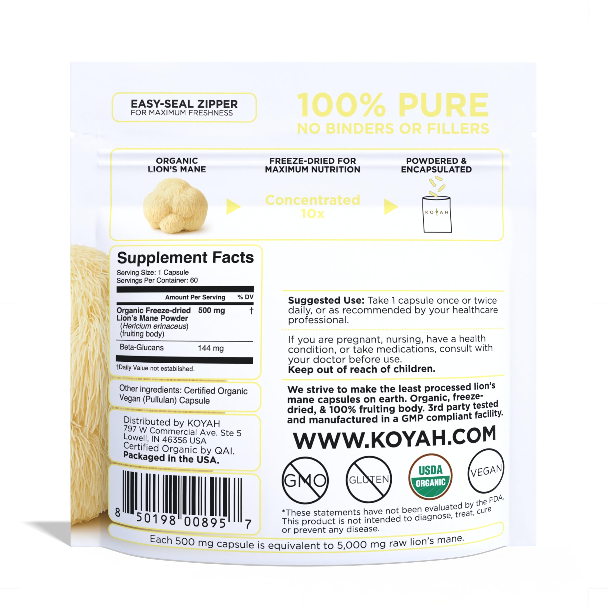 KOYAH Lions Mane capsules close-up showing smooth capsules for daily use