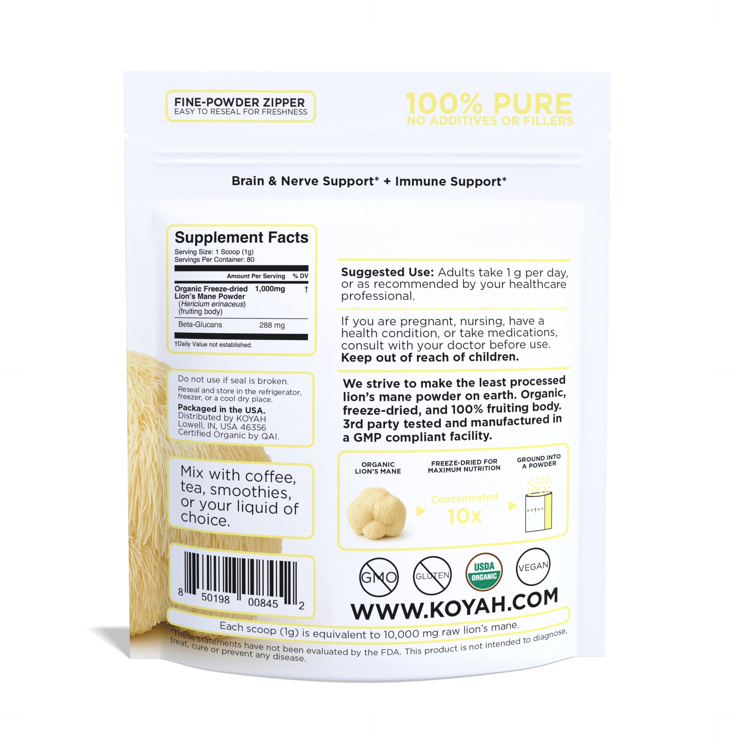 KOYAH Lion's Mane label detail; USA-grown quality and full nutrition