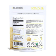 KOYAH Lion's Mane label detail; USA-grown quality and full nutrition