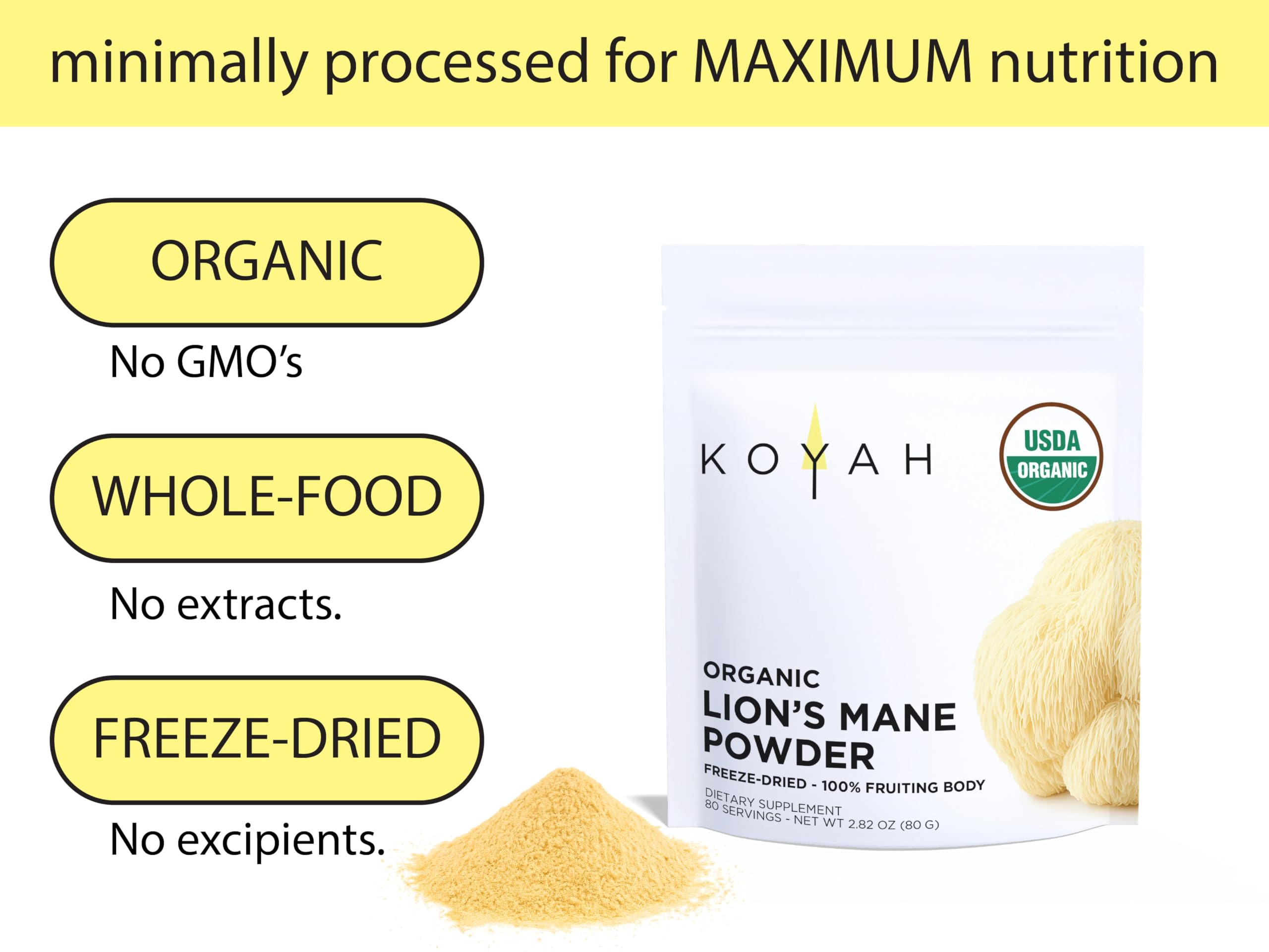 KOYAH Lion's Mane powder texture closeup; freeze-dried nutrients preserved