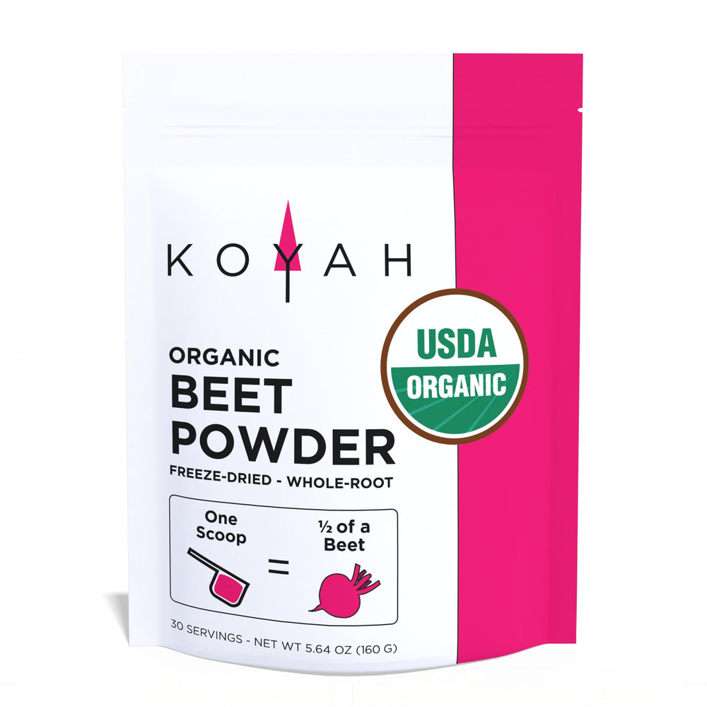 KOYAH organic beet powder jar shows earthy powder for healthy smoothies.
