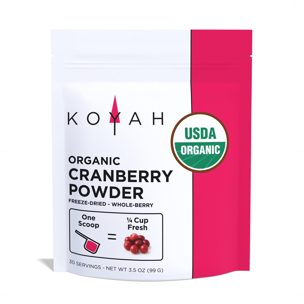 KOYAH Organic Cranberry Powder bottle on display, convenient for daily smoothies.