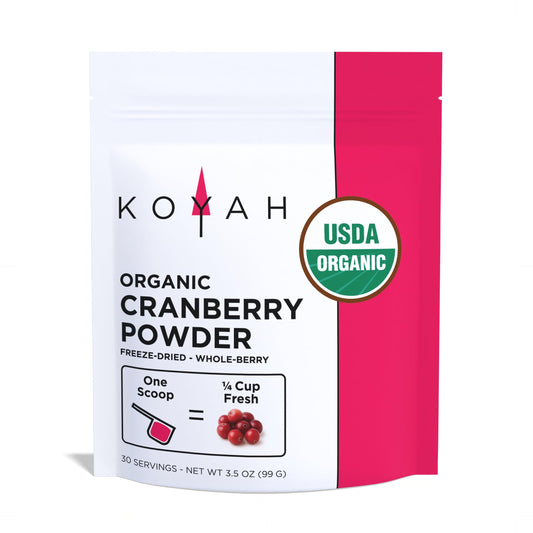 KOYAH Organic Cranberry Powder bottle on display, convenient for daily smoothies.