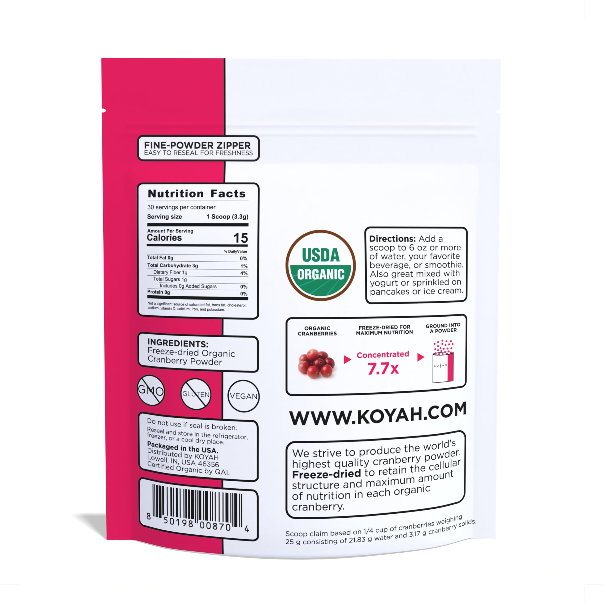 KOYAH Organic Cranberry Powder scoop showing 1/4 cup equivalent for easy measuring.