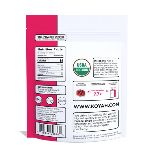 KOYAH Organic Cranberry Powder scoop showing 1/4 cup equivalent for easy measuring.