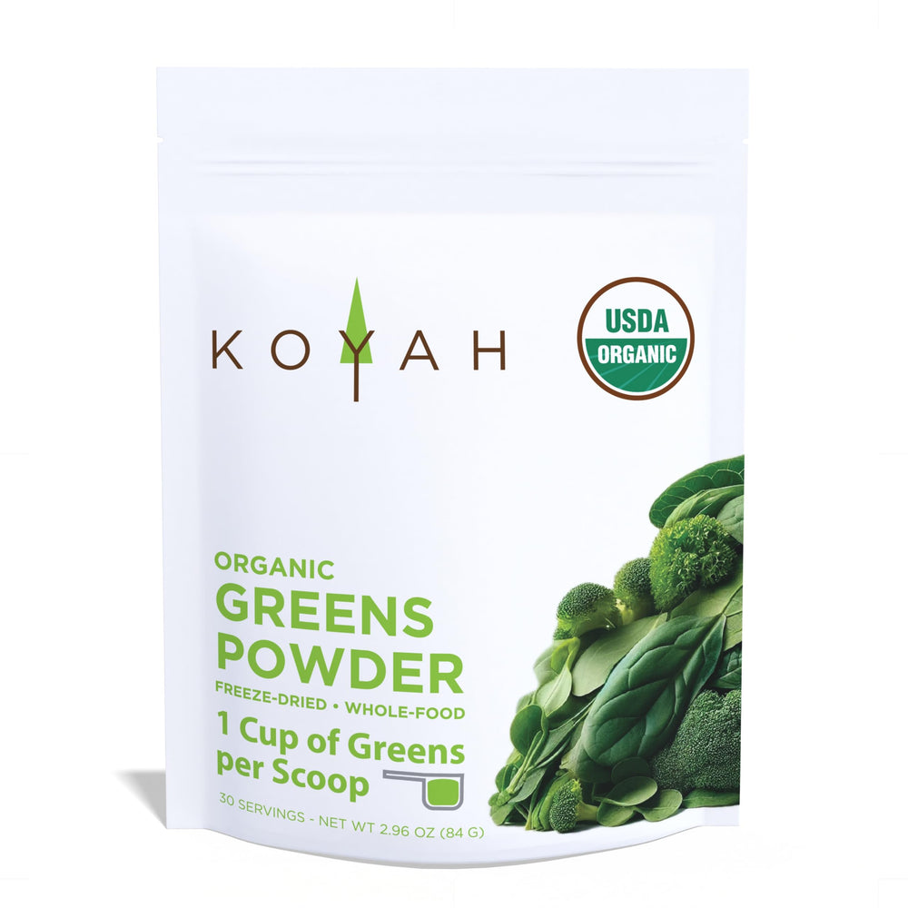 KOYAH Organic Greens Blend bottle on shelf offers a quick greens boost