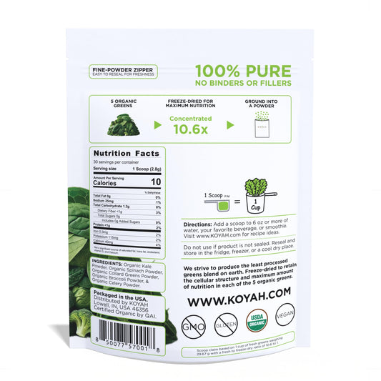 KOYAH Greens Blend pour demonstrates easy mixing into smoothies for daily greens