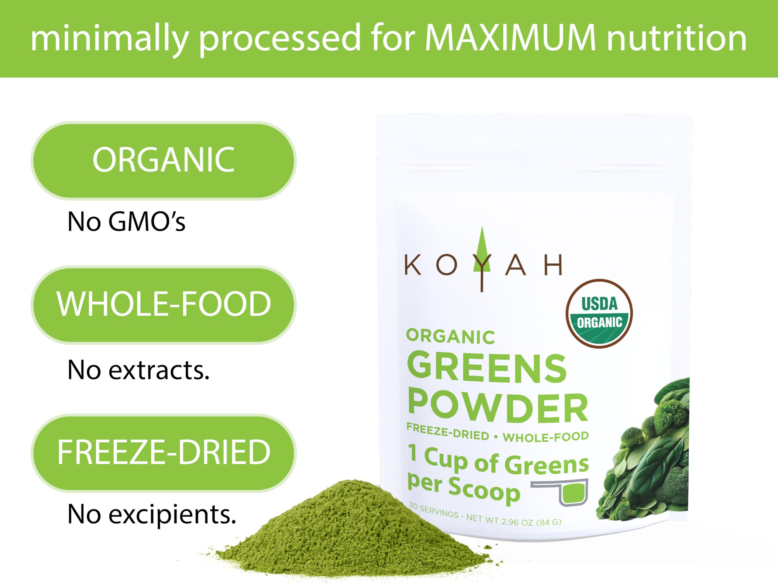 KOYAH Organic Greens Blend scoop ready to measure a cup of greens