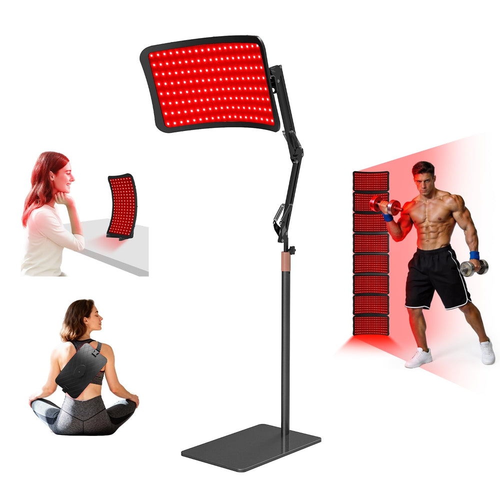 KQO red light therapy lamp with floor stand setup for full-body treatment at home.