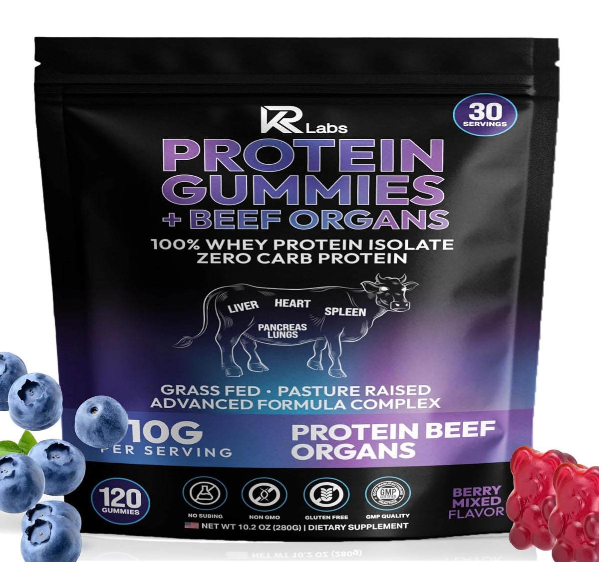 KR Labs Protein Gummies label view highlighting protein-rich formula.