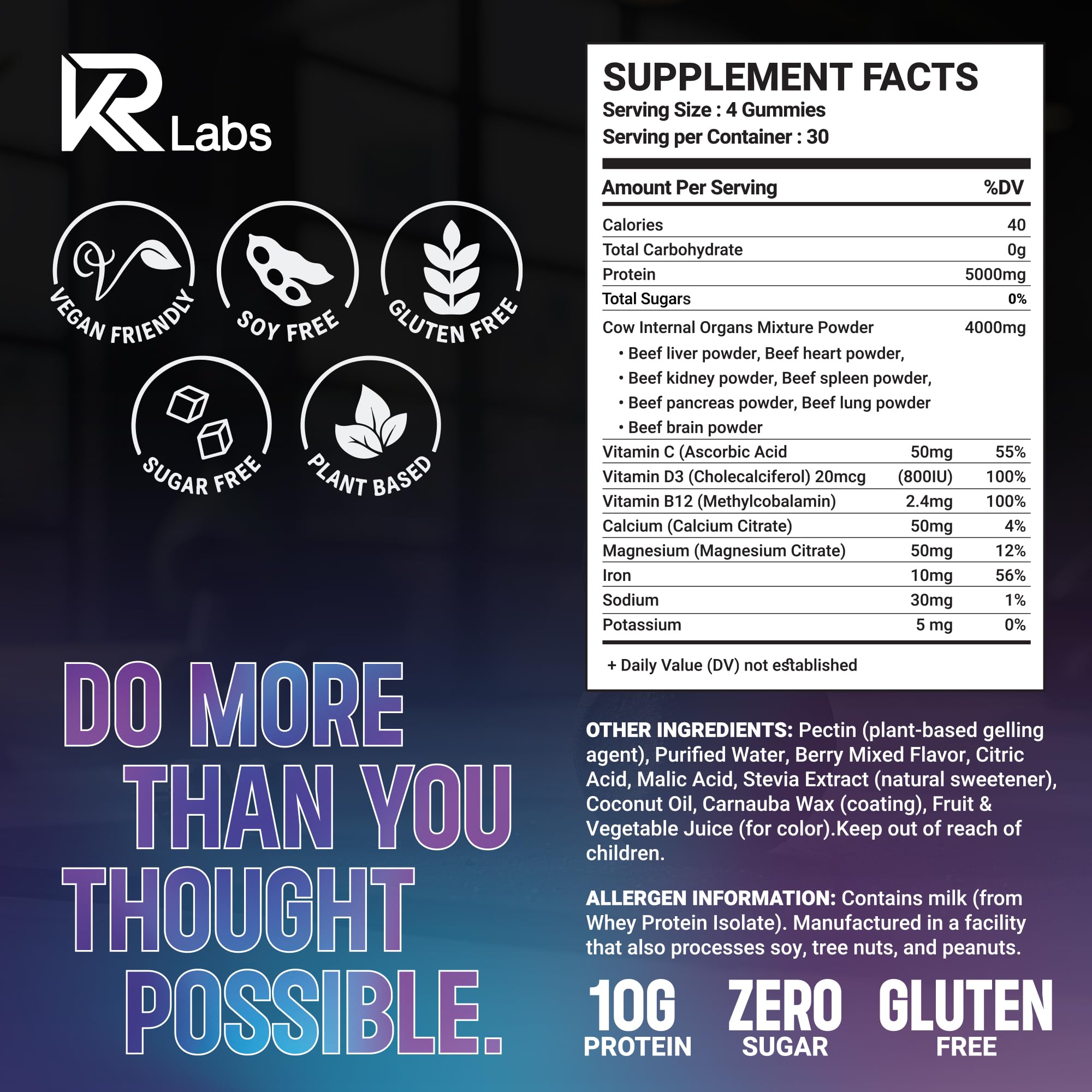 KR Labs gummy serving close-up showing 10g protein per serving.