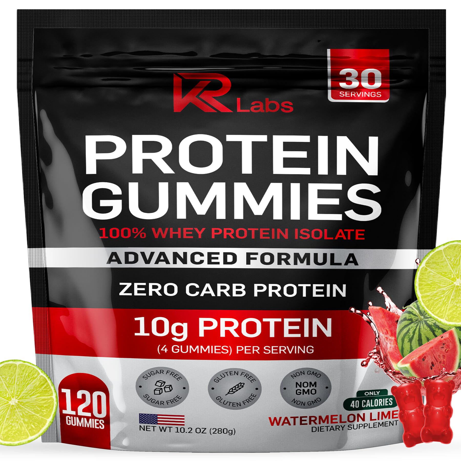 KR Labs Zero Carb Watermelon Lime gummies bottle front, protein-rich on-the-go snack.