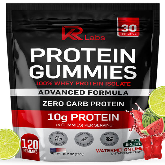 KR Labs Zero Carb Watermelon Lime gummies bottle front, protein-rich on-the-go snack.