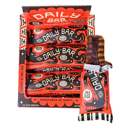 Kreatures of Habit DAILY BAR chocolate peanut butter banger close-up, delicious energy for workouts