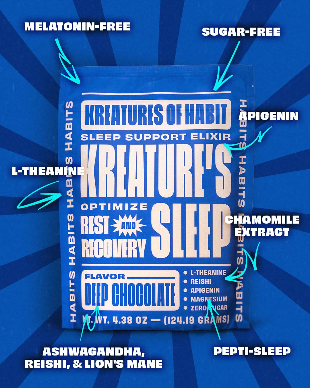 Kreatures of Habit Sleep packaging front highlighting chocolate flavor.