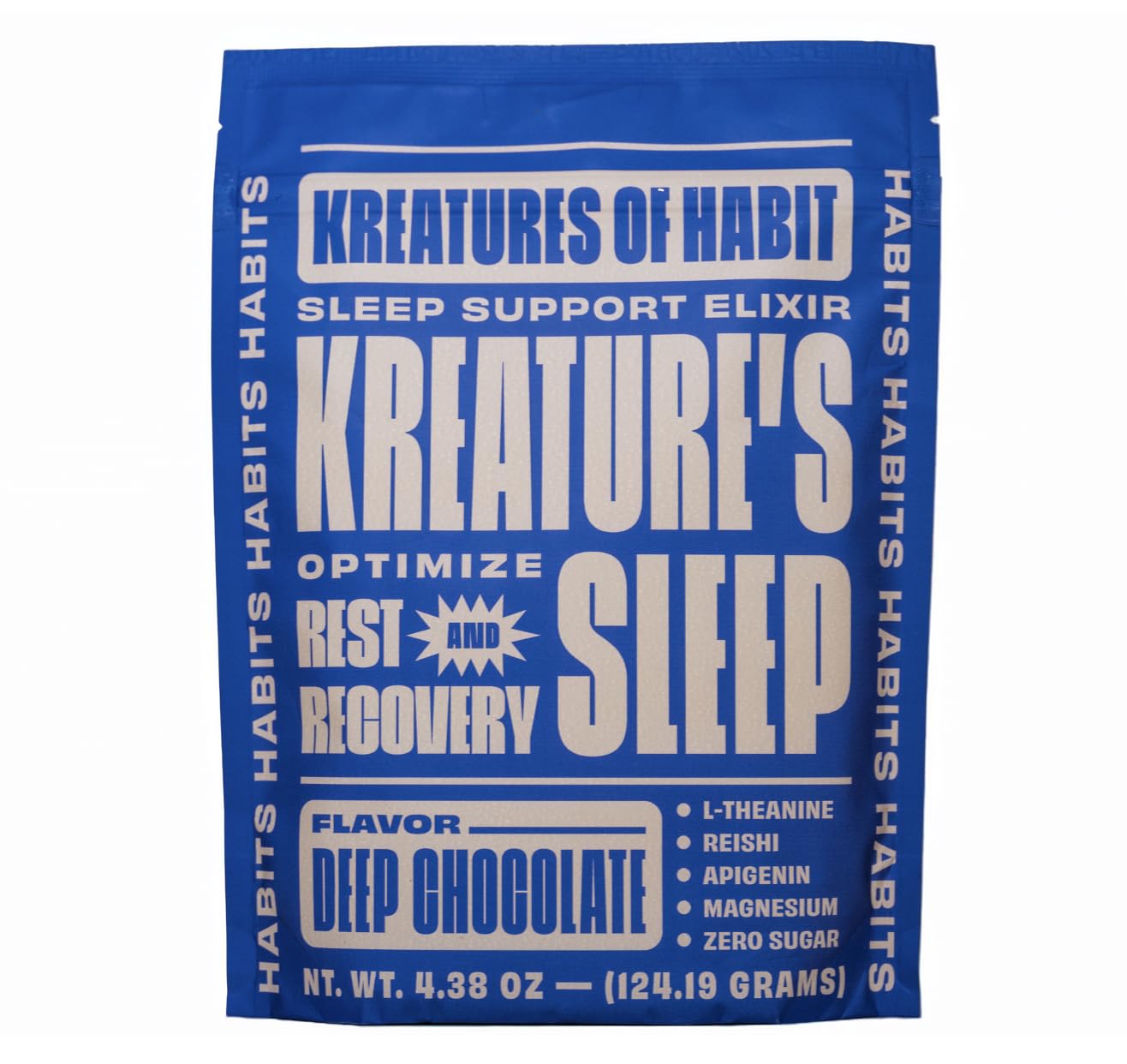 Kreatures of Habit Sleep chocolate powder being poured for a sugar-free relaxing evening ritual.
