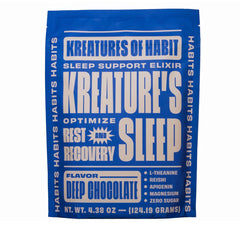 Kreatures of Habit Sleep chocolate powder being poured for a sugar-free relaxing evening ritual.
