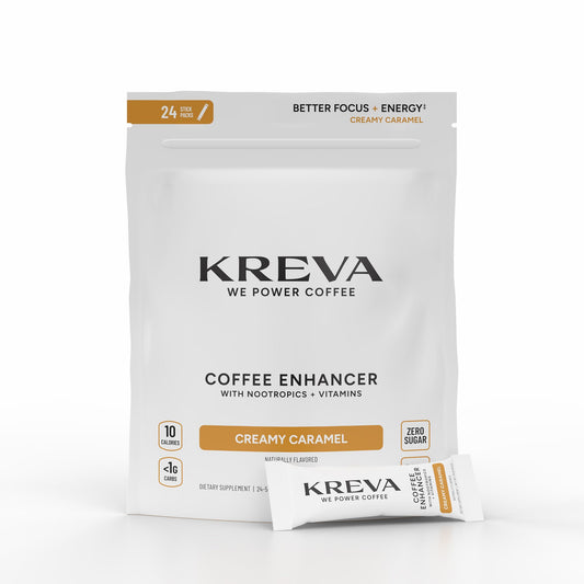 Kreva Smart Coffee Enhancer packaging with 24 sticks boosts focus and energy