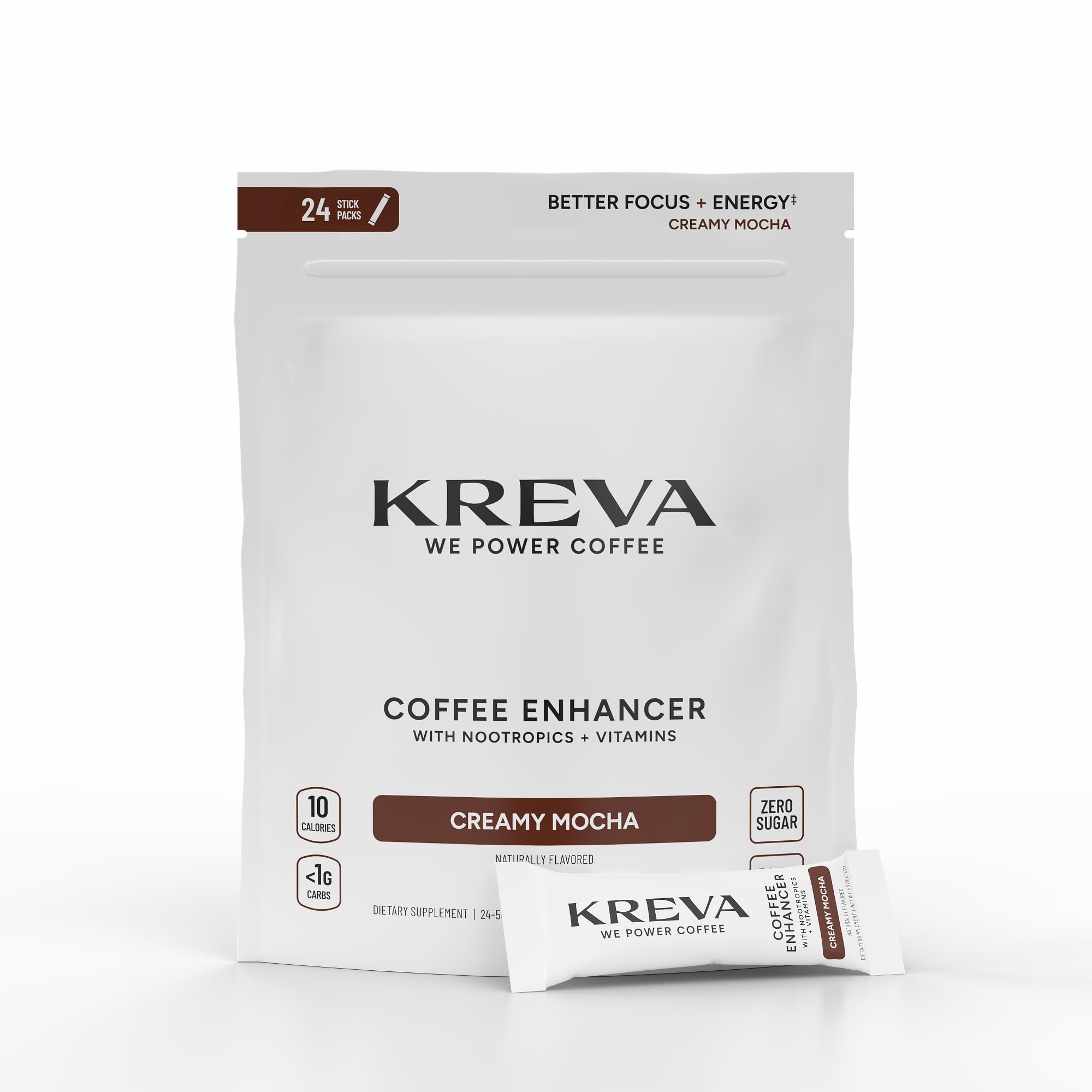 Kreva Smart Coffee Enhancer stick-pack blends into coffee for sharper focus.