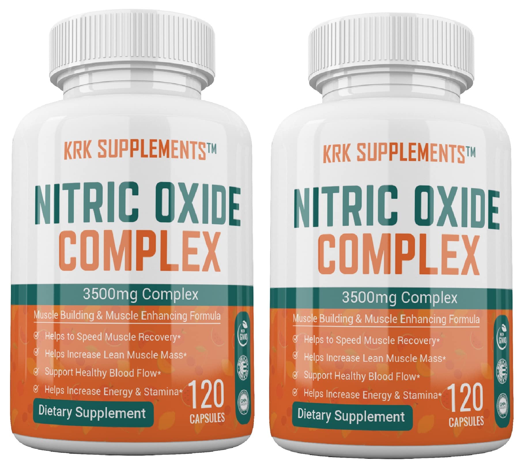 KRK Supplements Nitric Oxide bottle front displaying 3500mg per serving for enhanced blood flow.
