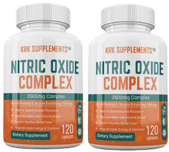 KRK Supplements Nitric Oxide bottle front displaying 3500mg per serving for enhanced blood flow.