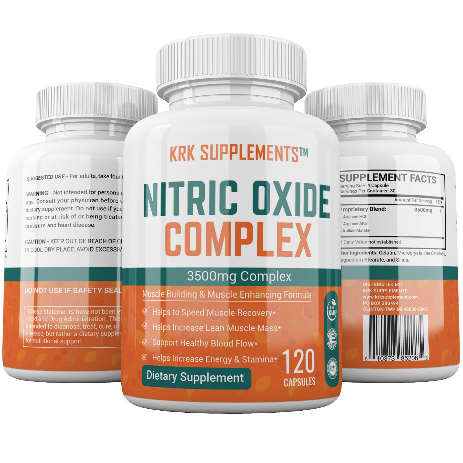 KRK Supplements Nitric Oxide bottle stack suggests long-lasting two-month supply.
