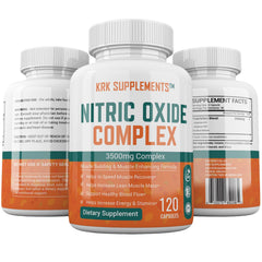 KRK Supplements Nitric Oxide bottle stack suggests long-lasting two-month supply.