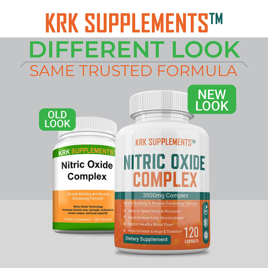 KRK Supplements Nitric Oxide capsules closeup show 3500mg complex boosting circulation.