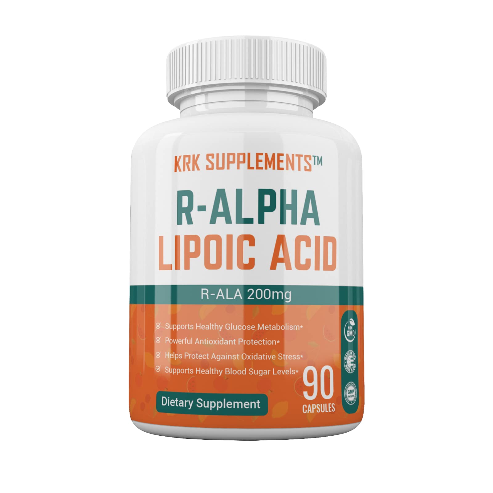 KRK Supplements R-ALA bottle front displaying 90 capsules for daily antioxidant support.