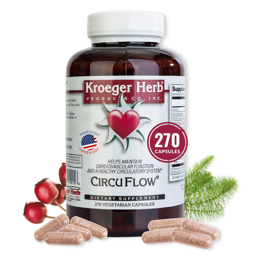 Kroeger Herb Circu Flow bottle front promoting heart and circulation support.