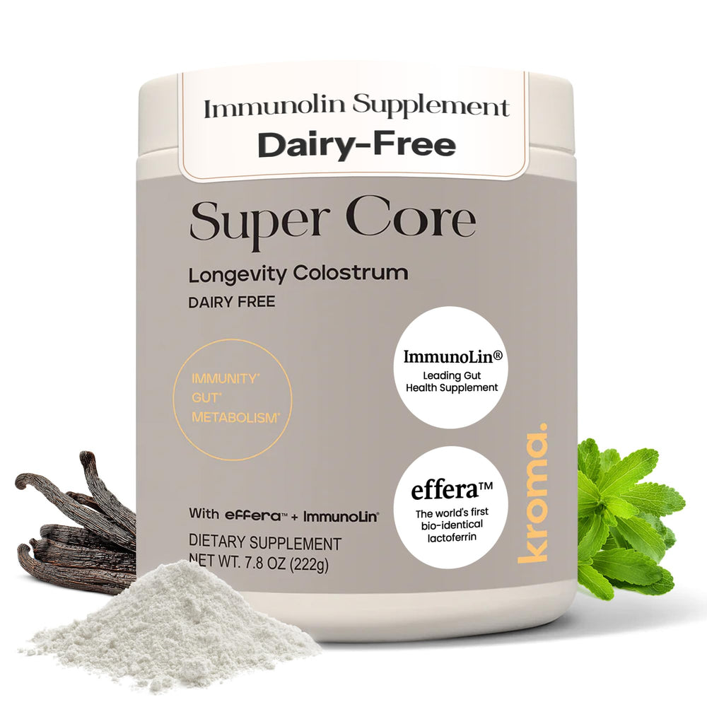 KROMA ImmunoLin bottle pouring, a dairy-free supplement for daily gut and immune support.