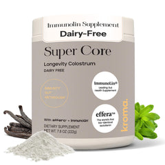 KROMA ImmunoLin bottle pouring, a dairy-free supplement for daily gut and immune support.