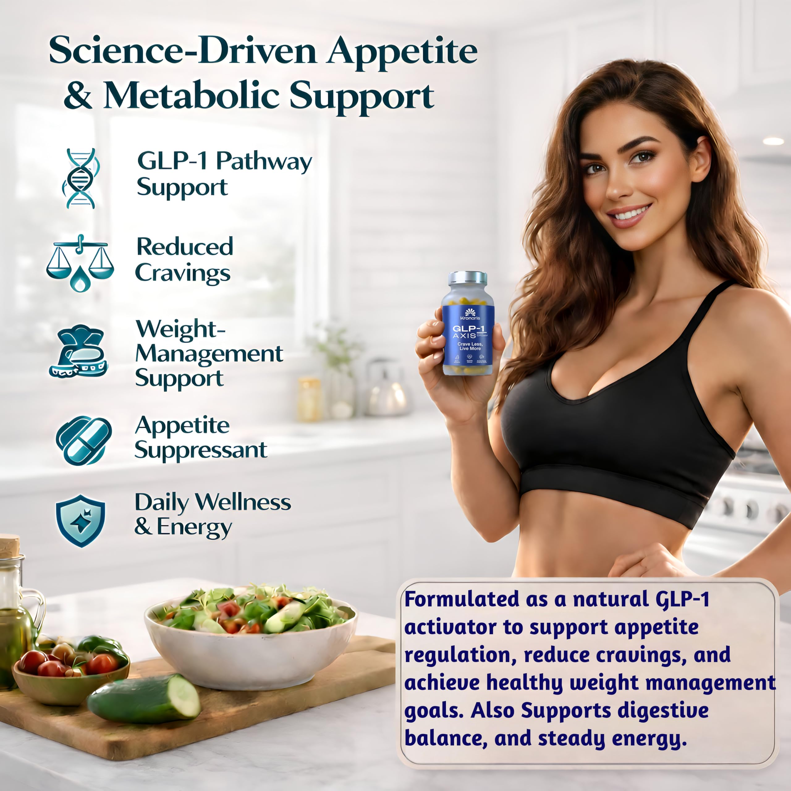 Kronaris appetite suppressant capsule close-up shows easy daily use to curb cravings.