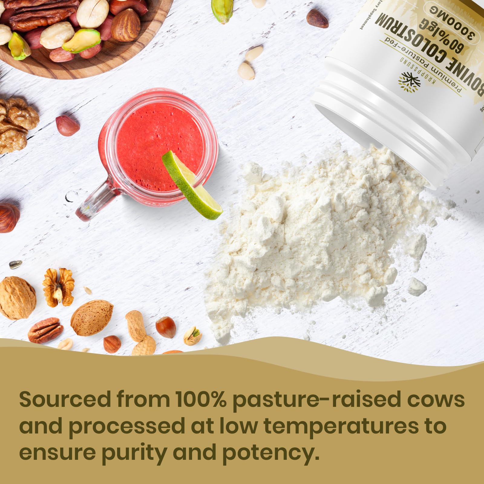 Kroppssund Bovine Colostrum powder close-up shows fine texture and purity.