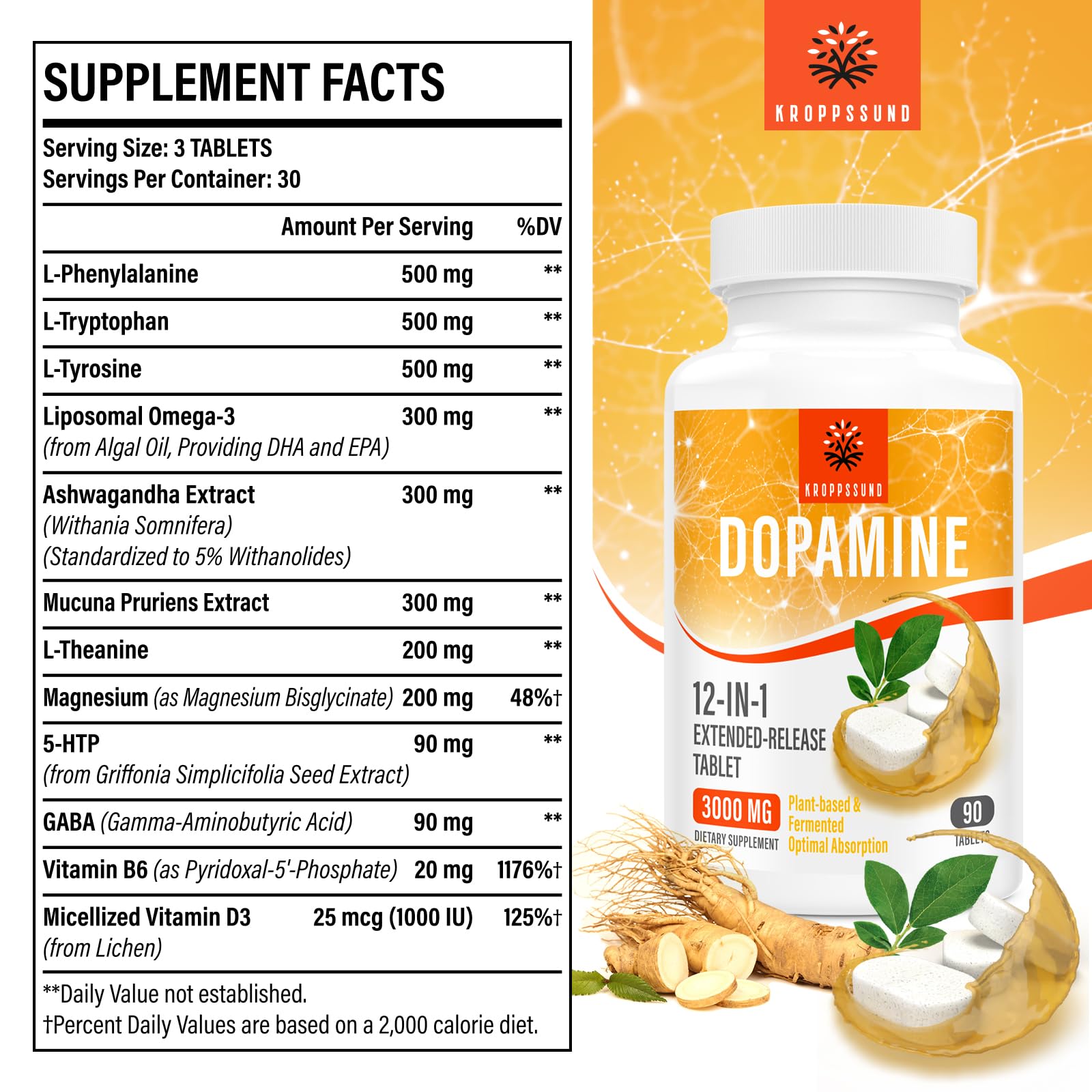 Kroppssund dopamine tablets close-up showing extended-release design and plant-based ingredients.