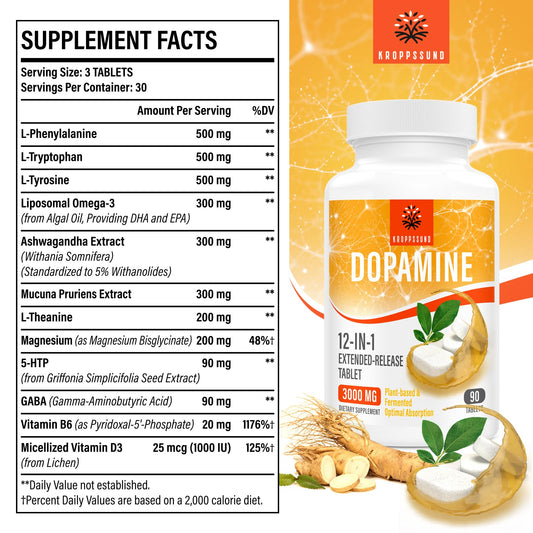 Kroppssund dopamine tablets close-up showing extended-release design and plant-based ingredients.